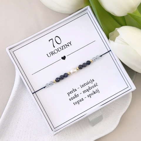 bransoletka na 70 urodziny z perłą szafirem topazem na sznurku dla niej