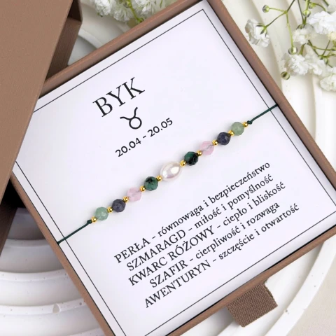 bransoletka znak zodiaku byk na sznurku perła szmaragd szafir