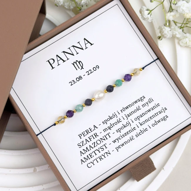 bransoletka znak zodiaku panna z perłą na sznurku
