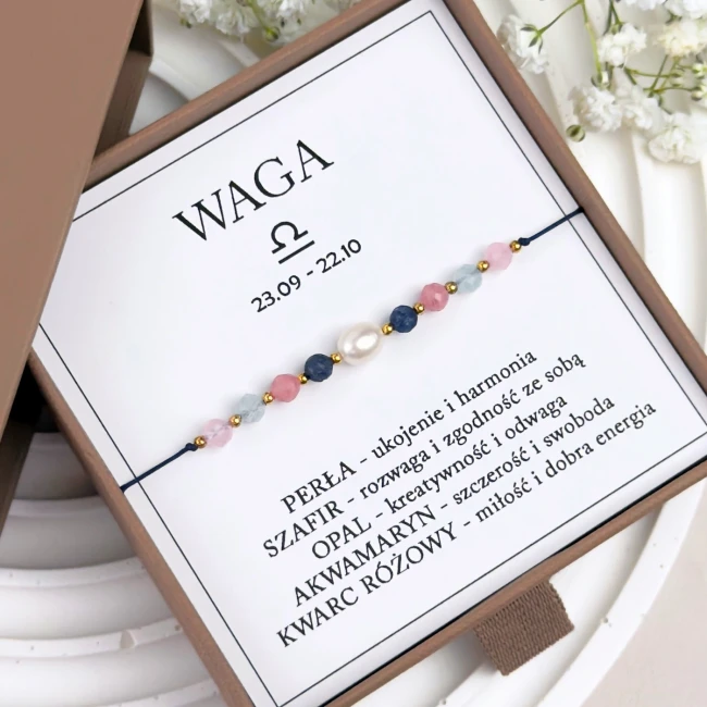 bransoletka sznurkowa dla znaku zodiaku waga z perłą