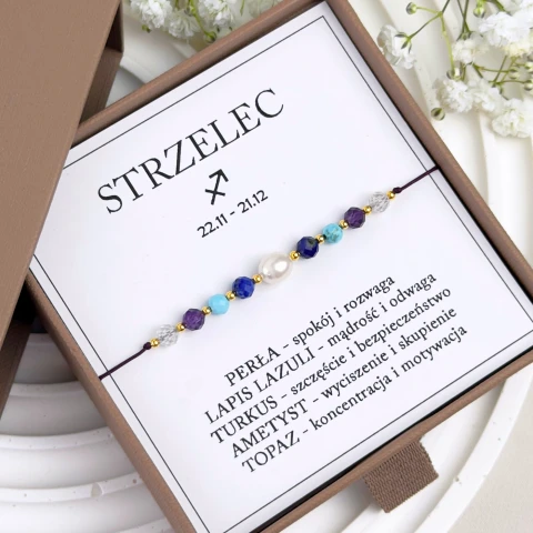 bransoletka znak zodiaku strzelec na sznuku z perłą i kamieni