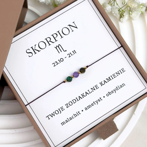 bransoletka znak zodiaku skorpion z kamieni na sznurku