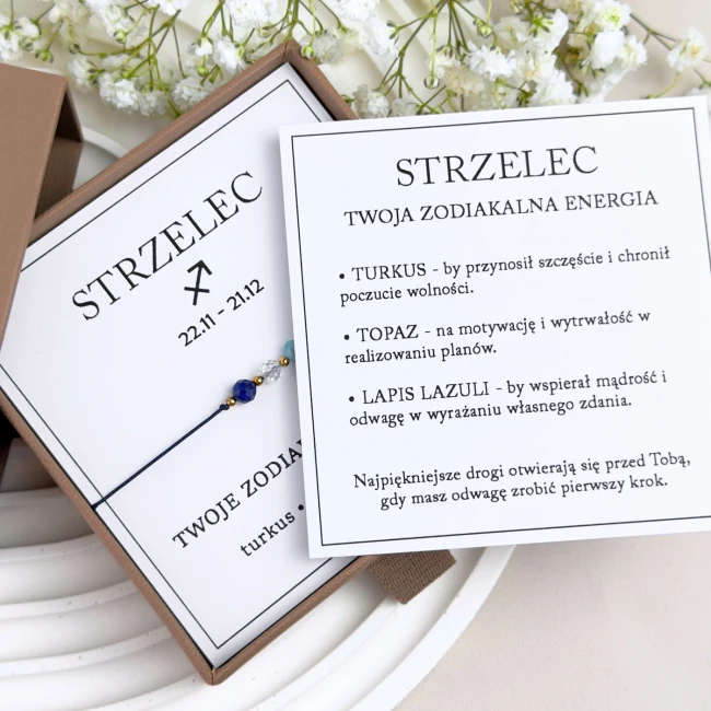bransoletka zodiakalna strzelec z symboliką i dedykacją