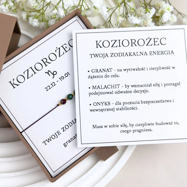 bransoletka koziorożec z dedykacją i symboliką kamieni