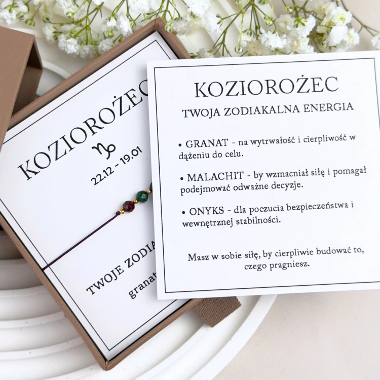 bransoletka koziorożec z dedykacją i symboliką kamieni