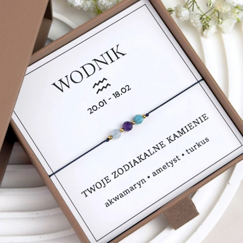 bransoletka znak zodiaku wodnik na sznurku z kamieni