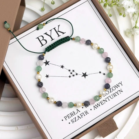 bransoletka znak zodiaku byk z perłami na sznurku