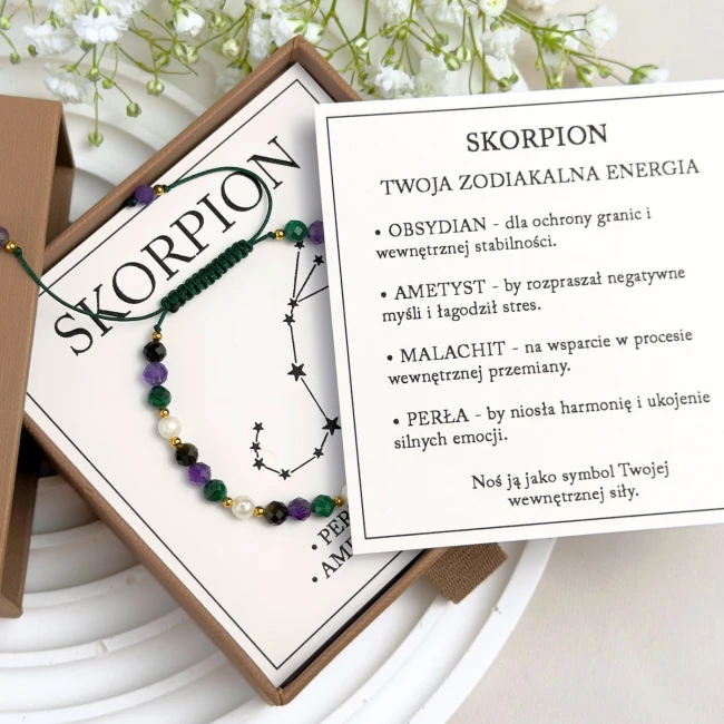 bransoletka zodiakalna skorpion z perłami z dedykacją