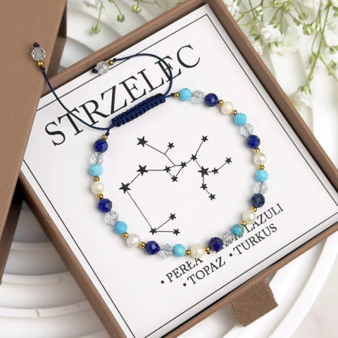 bransoletka znak zodiaku strzelec z perłami i kamieniami na sznurku