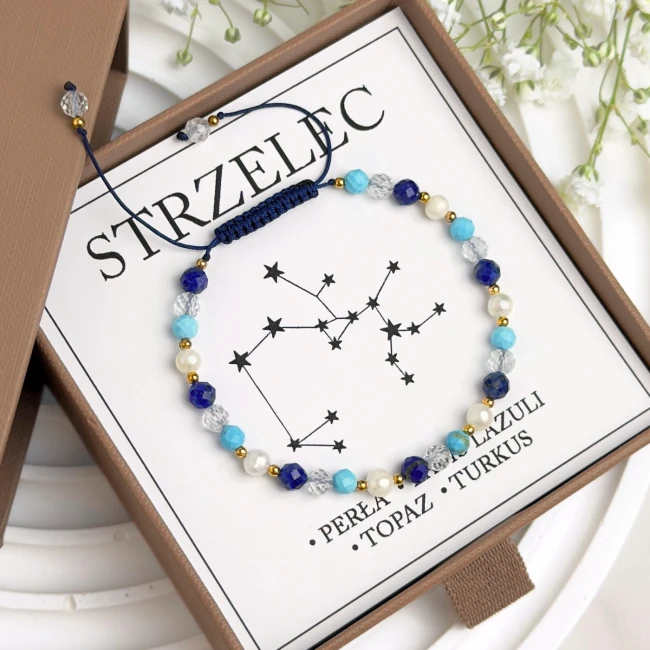bransoletka znak zodiaku strzelec z perłami i kamieniami na sznurku