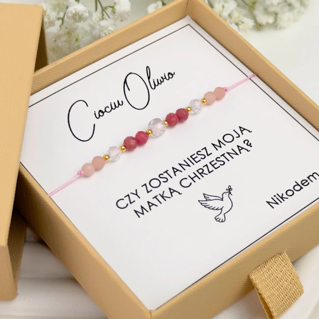 prezent dla matki chrzestnej bransoletka z kamieni na sznurku