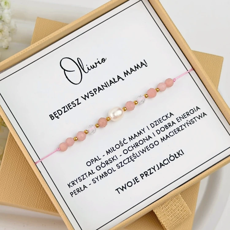 bransoletka na baby shower dla mamy z opalu i kryształu