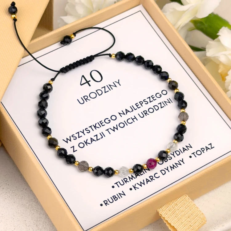 prezent na 40 urodziny bransoletka z kamieni turmalinu rubinu obsydianu