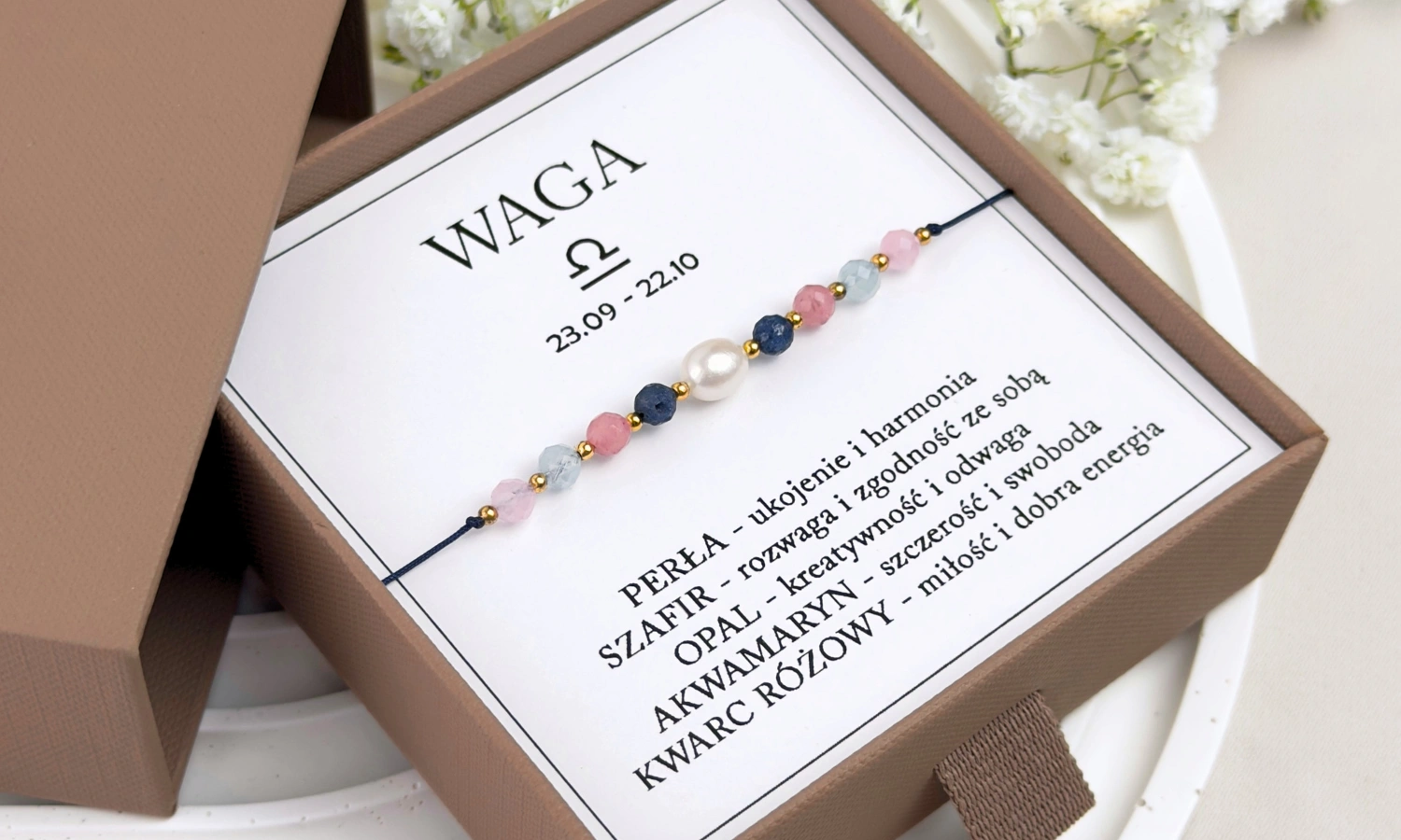 bransoletka znak zodiaku waga z kamieni z perłą naturalną