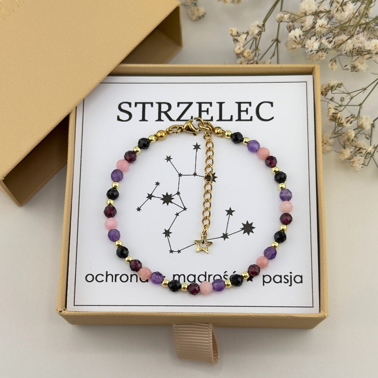 bransoletka zodiakalna dla strzelca zapinana z kamieni naturalnych i stali chirurgicznej