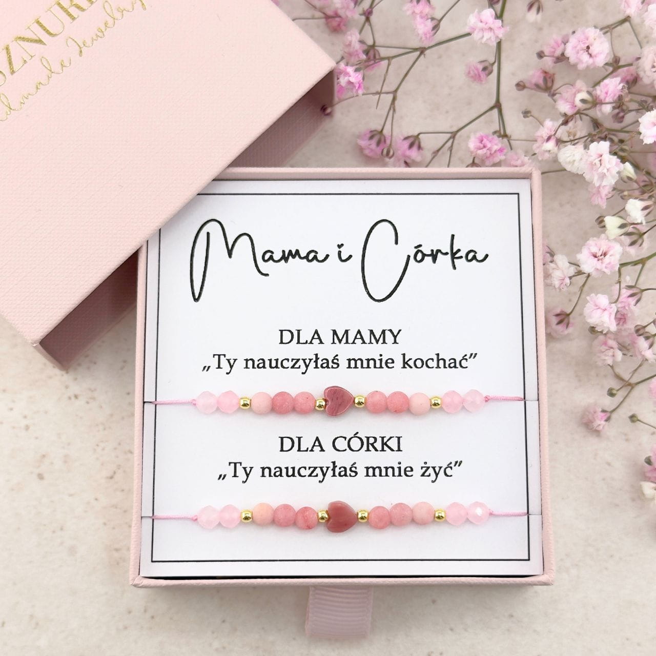 MAMA I CÓRKA - Bransoletki z Serduszkiem z Kwarcu różowego