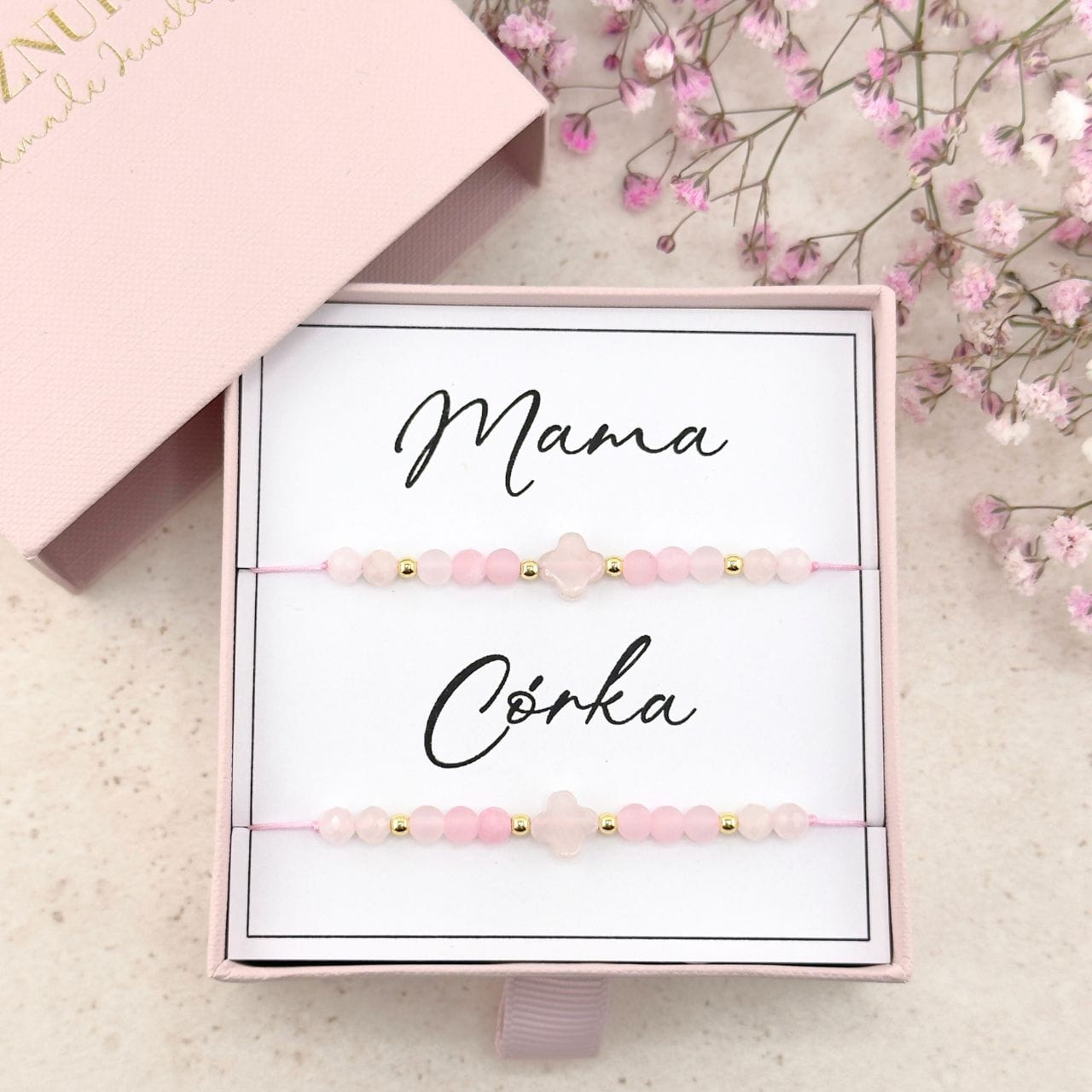 MAMA I CÓRKA - Bransoletki z Koniczyną z Kwarcu Różowego