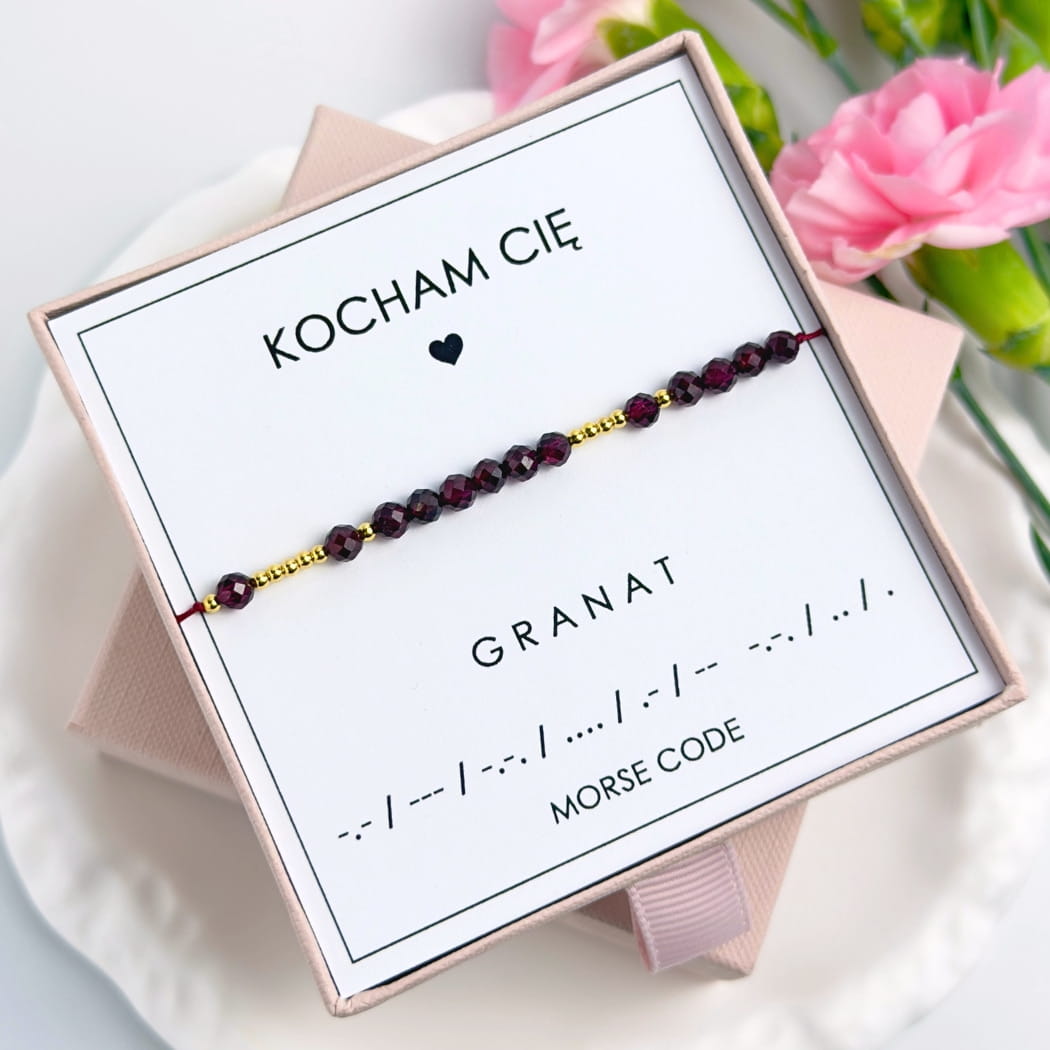 Bransoletka KOCHAM CIĘ z Granatu Morse Code