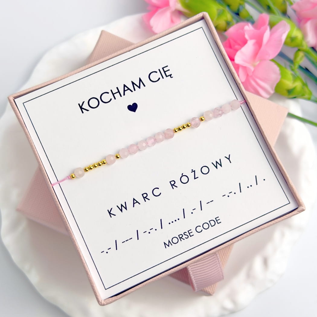 Bransoletka KOCHAM CIĘ z Kwarcu Różowego Morse Code